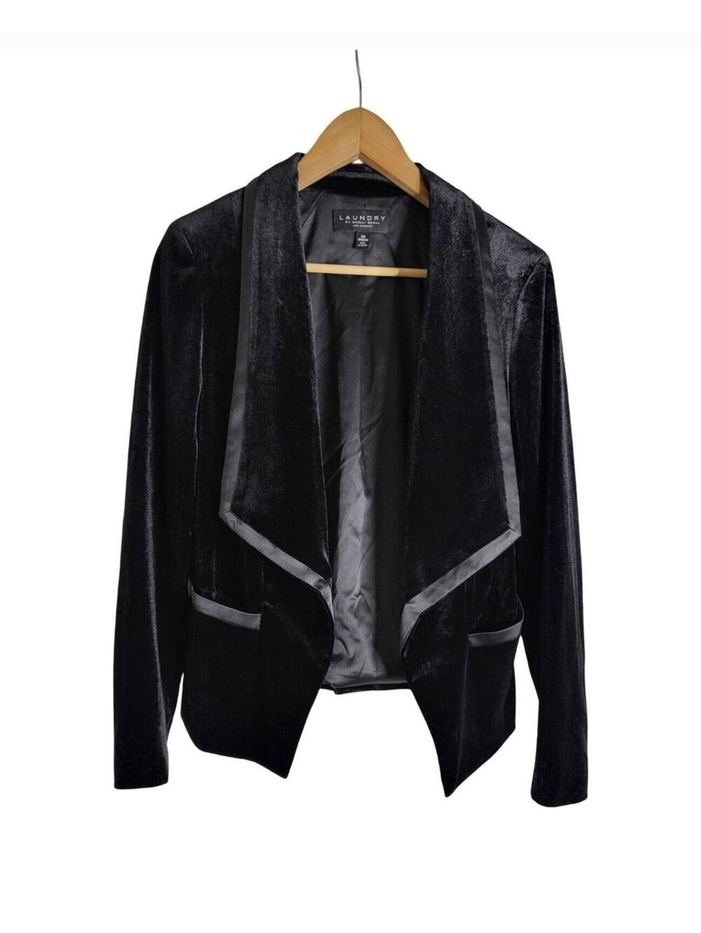 Laundry Black Velvet Dinner Blazer Jacket Relax Shawl Collar Satin Border Sz XS